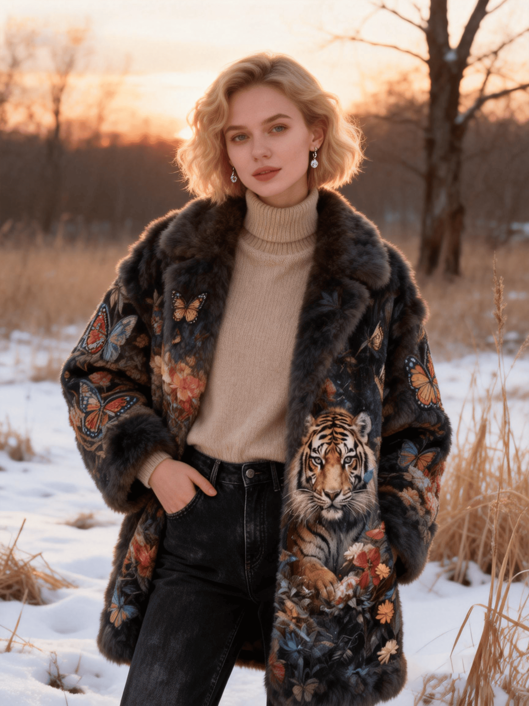 Women's Tiger Pattern & Butterfly Floral Print Faux Fur Long Coat