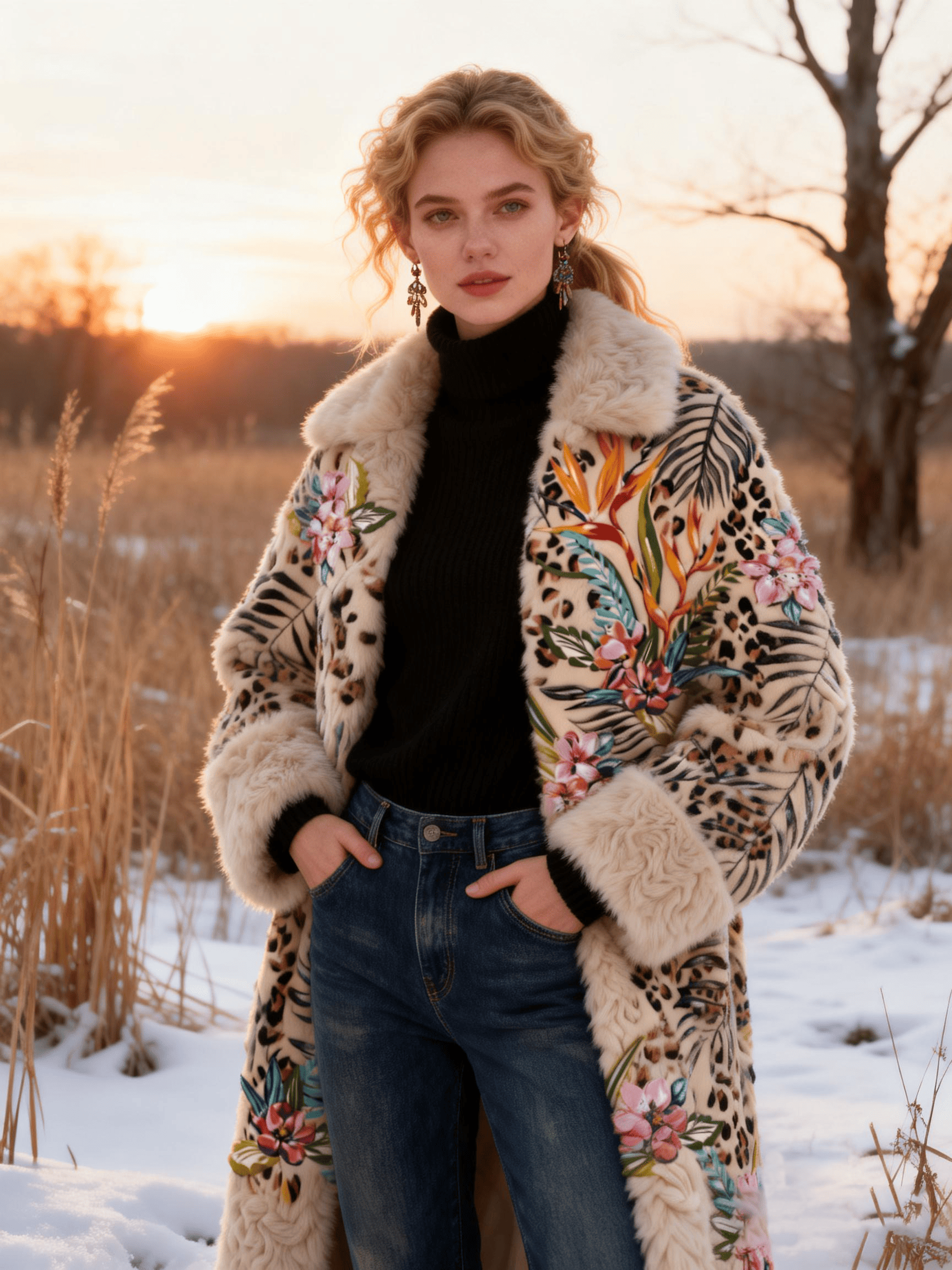 Women's Leopard & Bird of Paradise Floral Faux Fur Lapel Coat