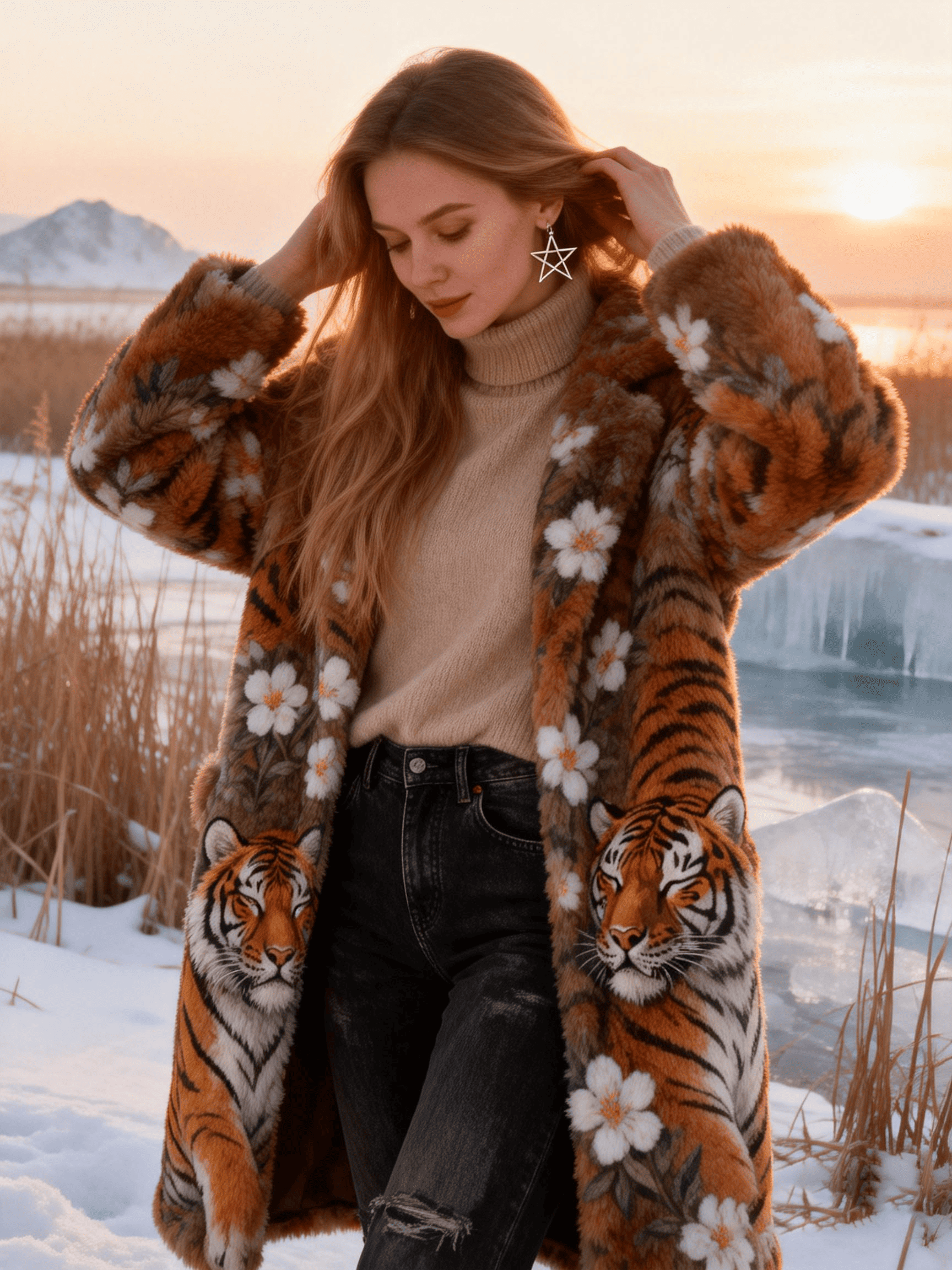 Women's Tiger Pattern & White Flower Faux Fur Warm Winter Coat