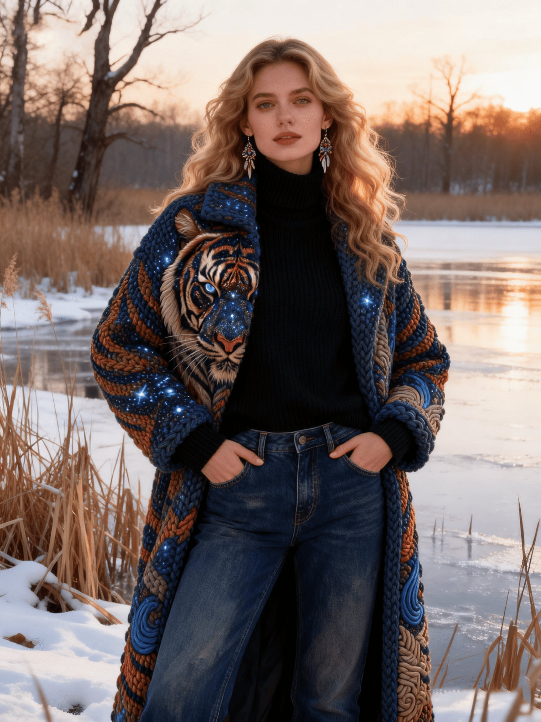 Women's Starry Tiger Pattern Knit Patchwork Long Coat