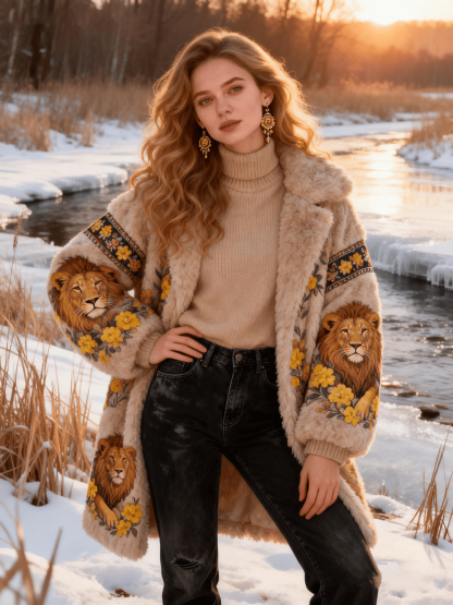 Women's Lion Head & Yellow Flower Ethnic Style Faux Fur Long Coat