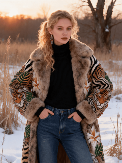 Women's Tiger Embroidery & Fur Collar Patchwork Winter Coat