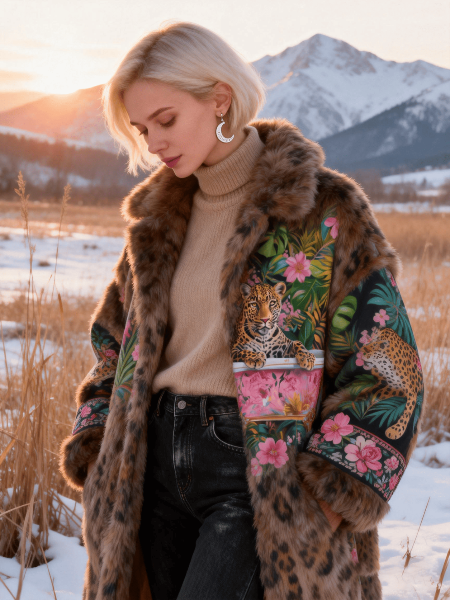 Women's Leopard Print & Tropical Floral Fur Trimmed Coat