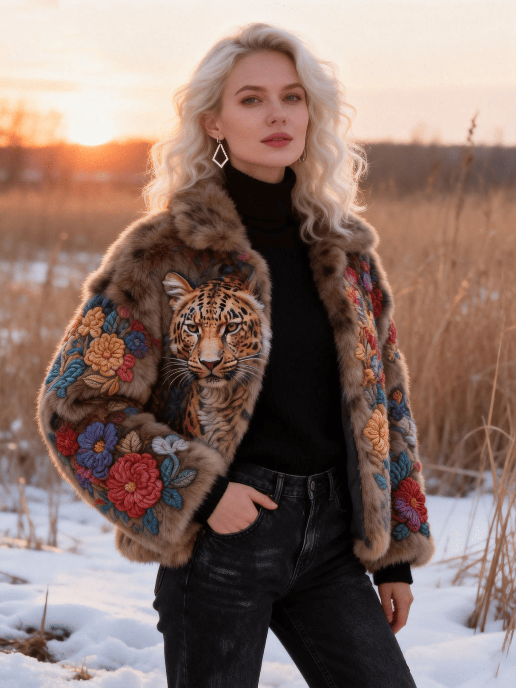 Women's Colorful Floral & Leopard Head Embroidery Faux Fur Short Coat