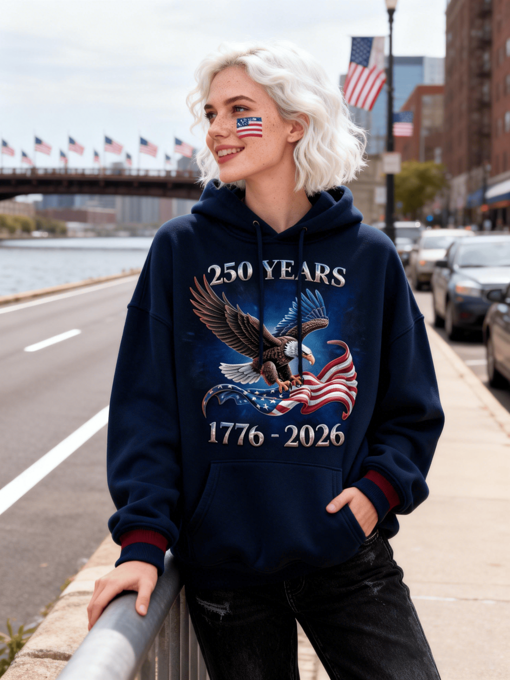 Women's USA 250th Anniversary (1776-2026) Ribbon Bald Eagle Navy Hoodie