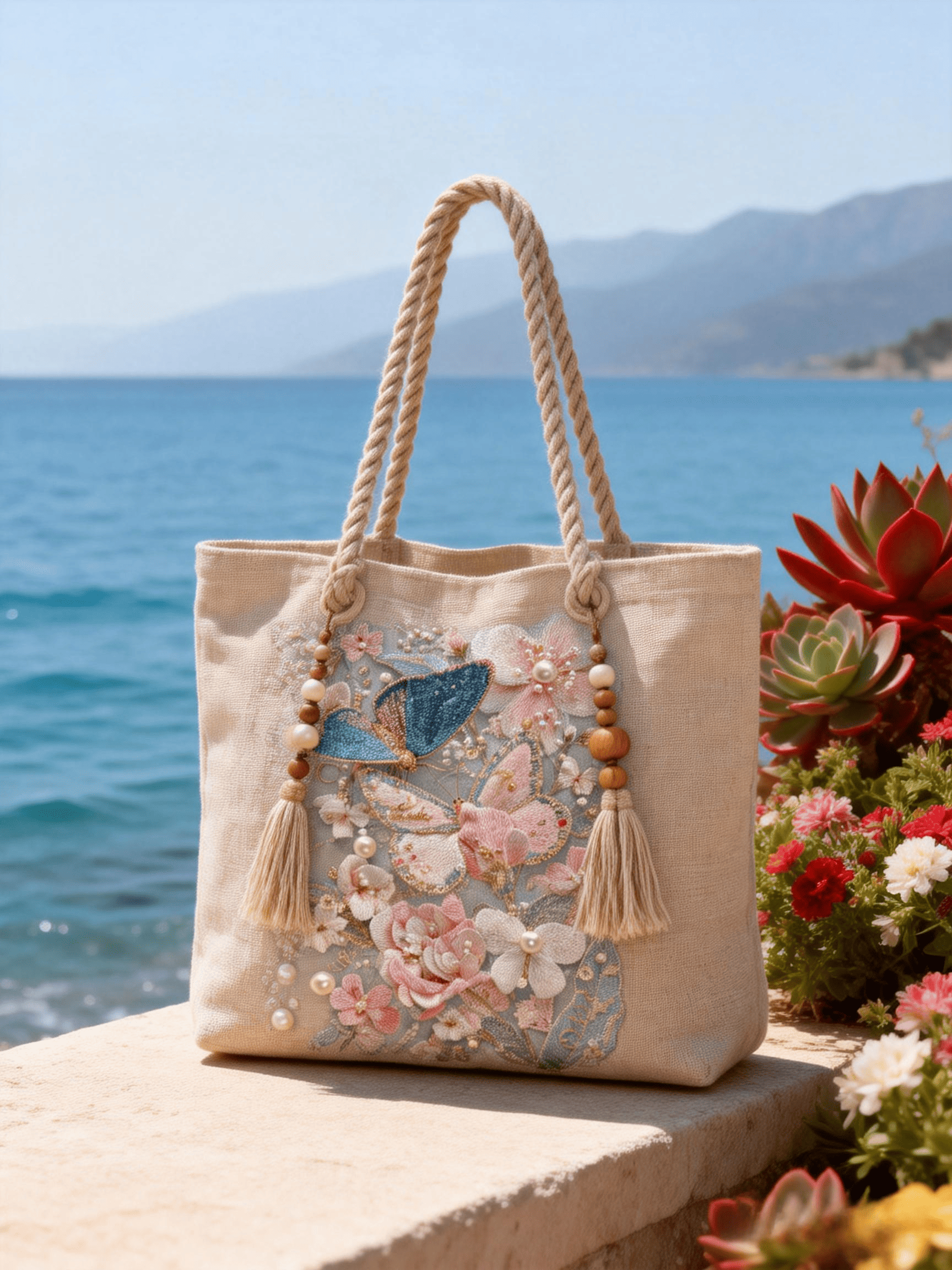 Beige Pink Butterfly Beaded Embroidery Tote Bag