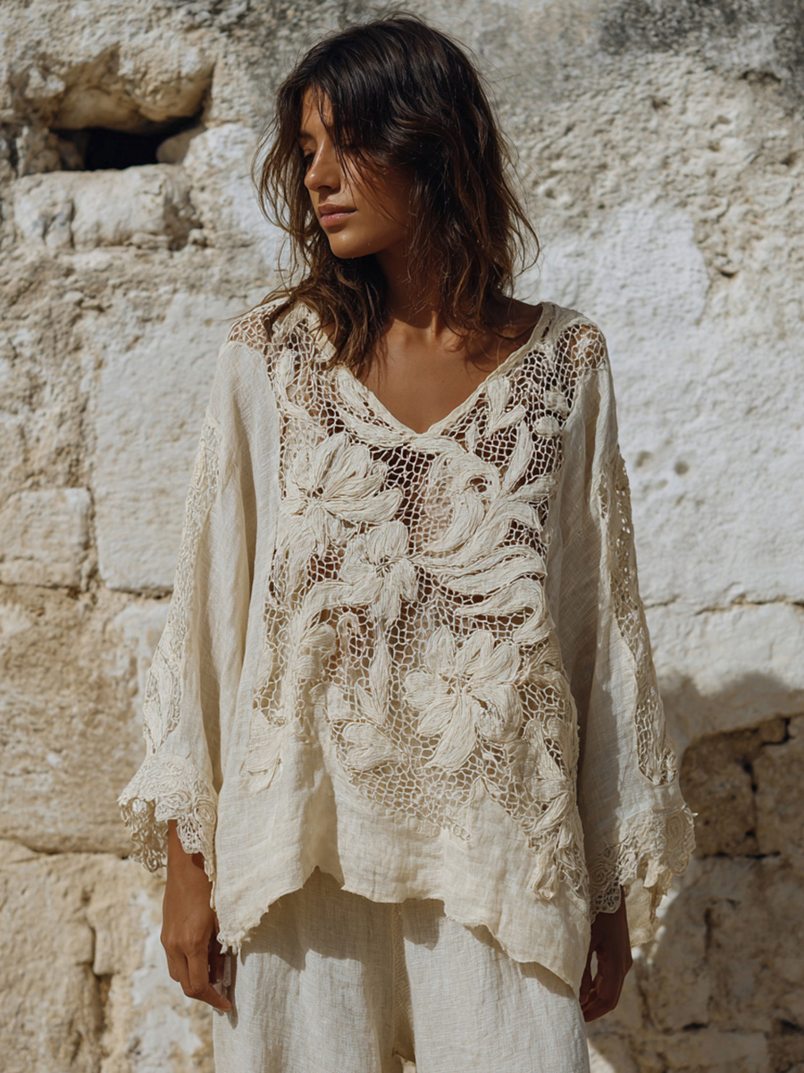 Women's Vintage Floral Lace Embroidered Art V Neck Loose Blouses