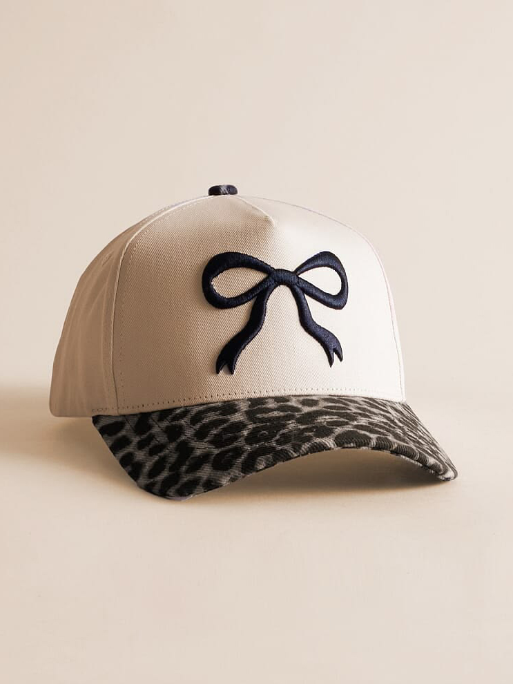 Beige Bow Embroidered Leopard Print Baseball Cap