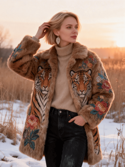 Women's Double Tiger & Peony Embroidery Faux Fur Long Coat
