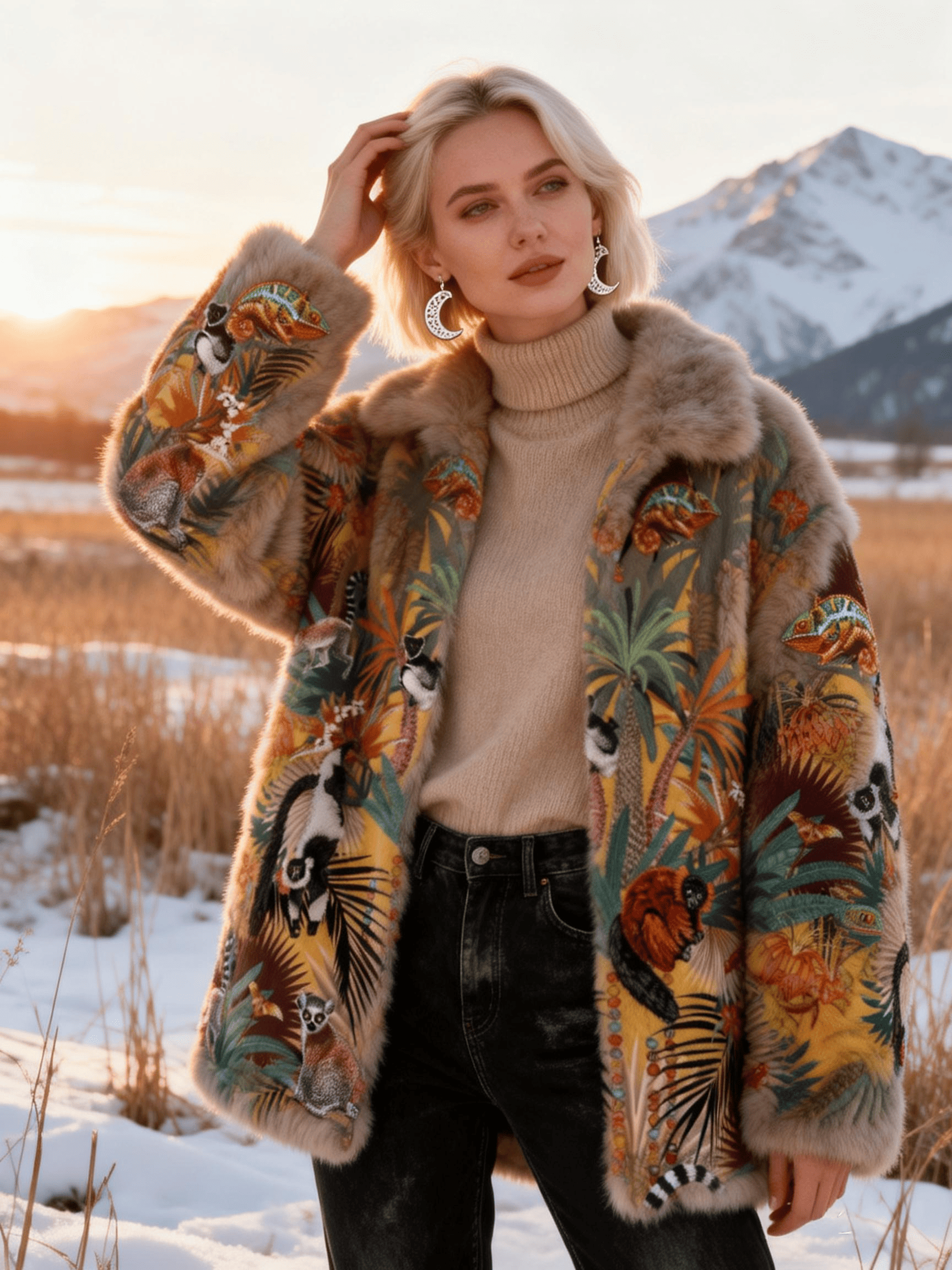 Women's Tropical Lemur & Chameleon Print Faux Fur Coat