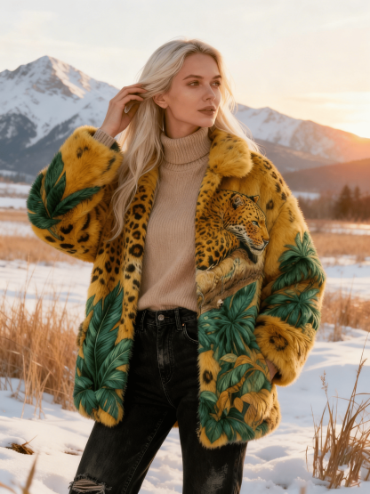 Women's Yellow Leopard Print & Green Leaf Patchwork Faux Fur Coat