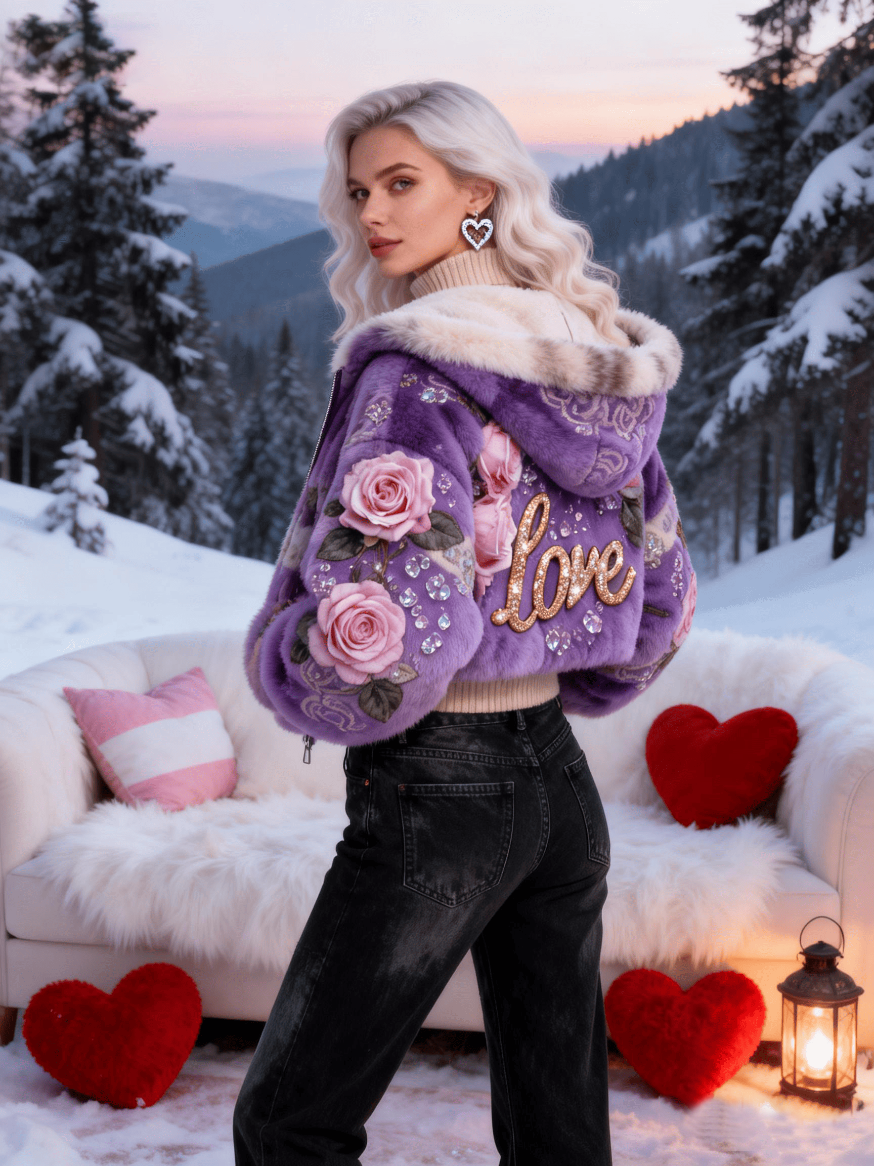 Women's Purple Base Pink Rose & Rhinestone Plush Jacket