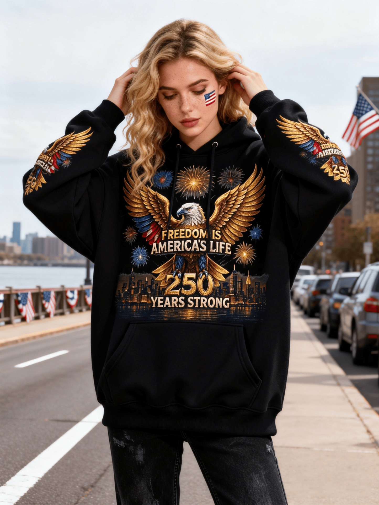 Women's American 250th Anniversary Golden Winged Bald Eagle Fireworks Black Hoodie