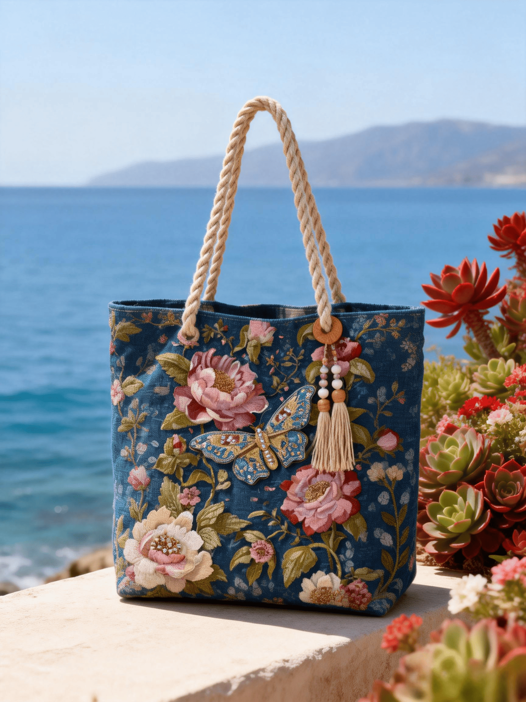 Navy Peony Butterfly Embroidery Tote Bag