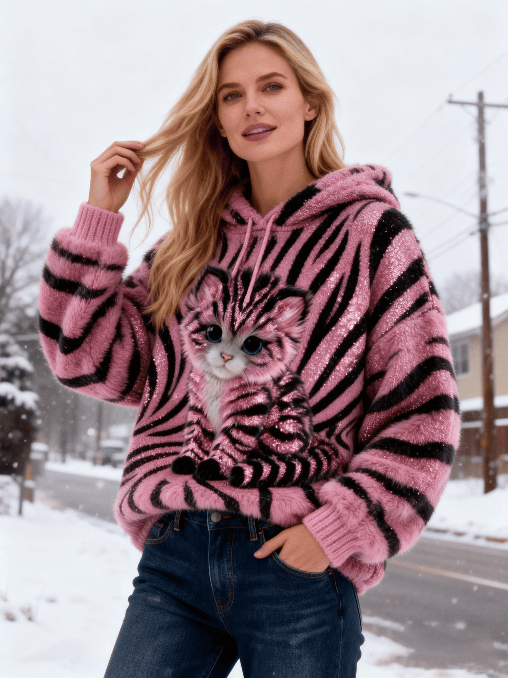 Women's Pink Zebra Striped Kitten Fuzzy Hoodie