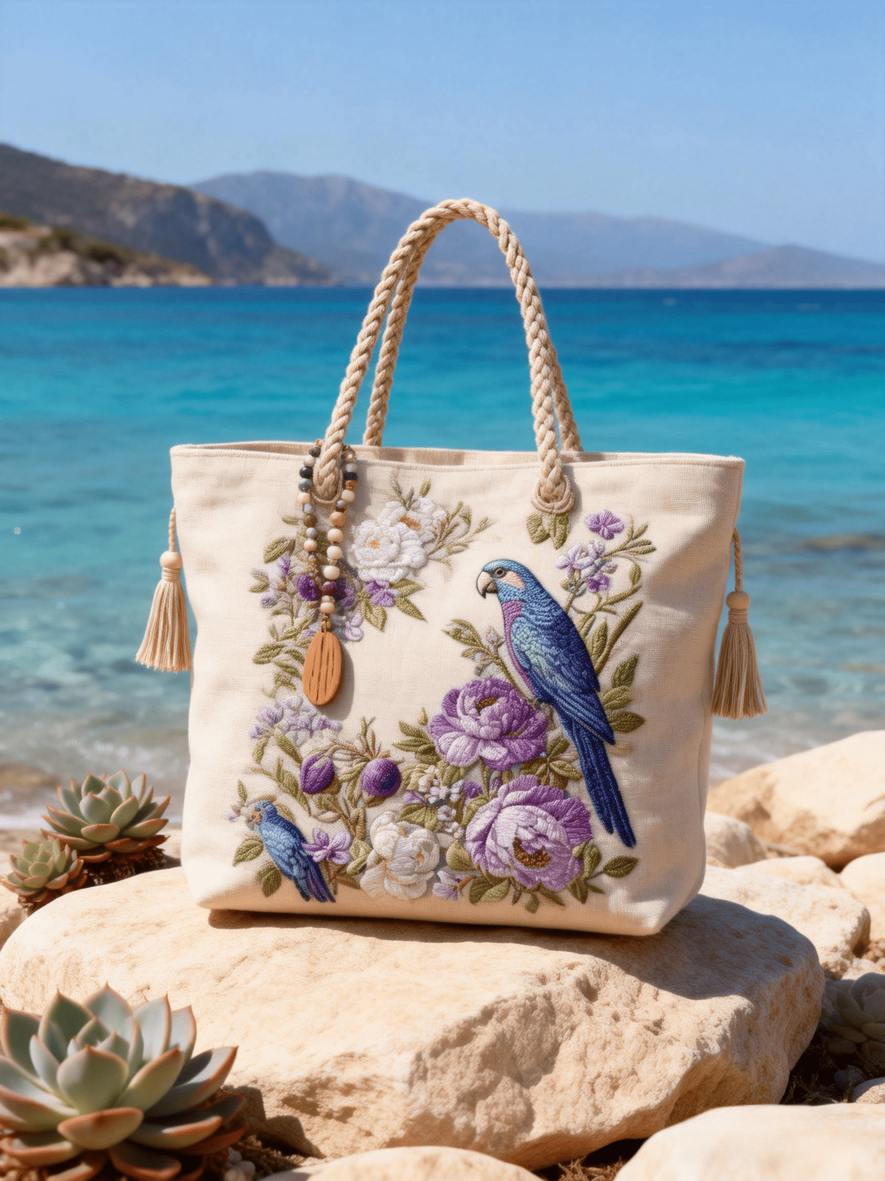Beige Purple Flower & Blue Bird Embroidery Tote Bag