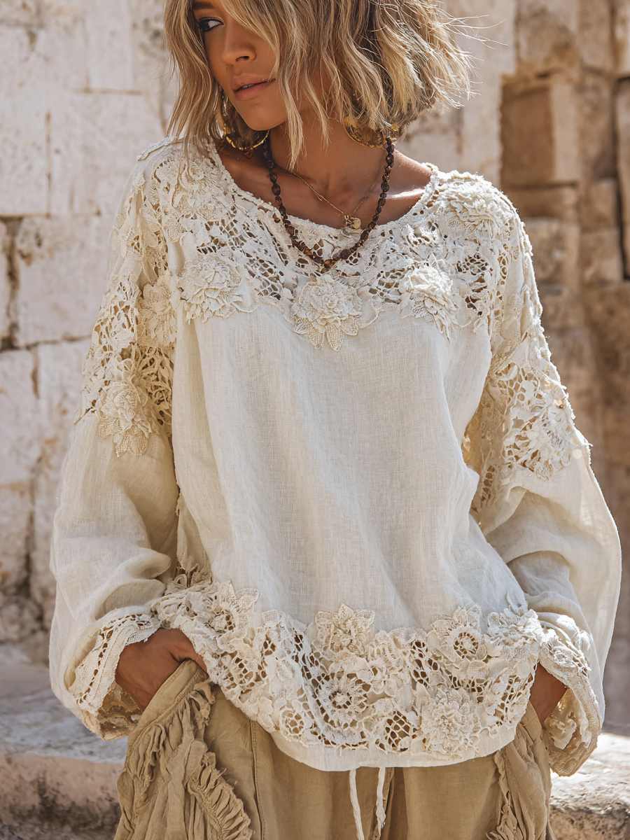 Women's Vintage Floral Lace Embroidered Art Linen T-shirt