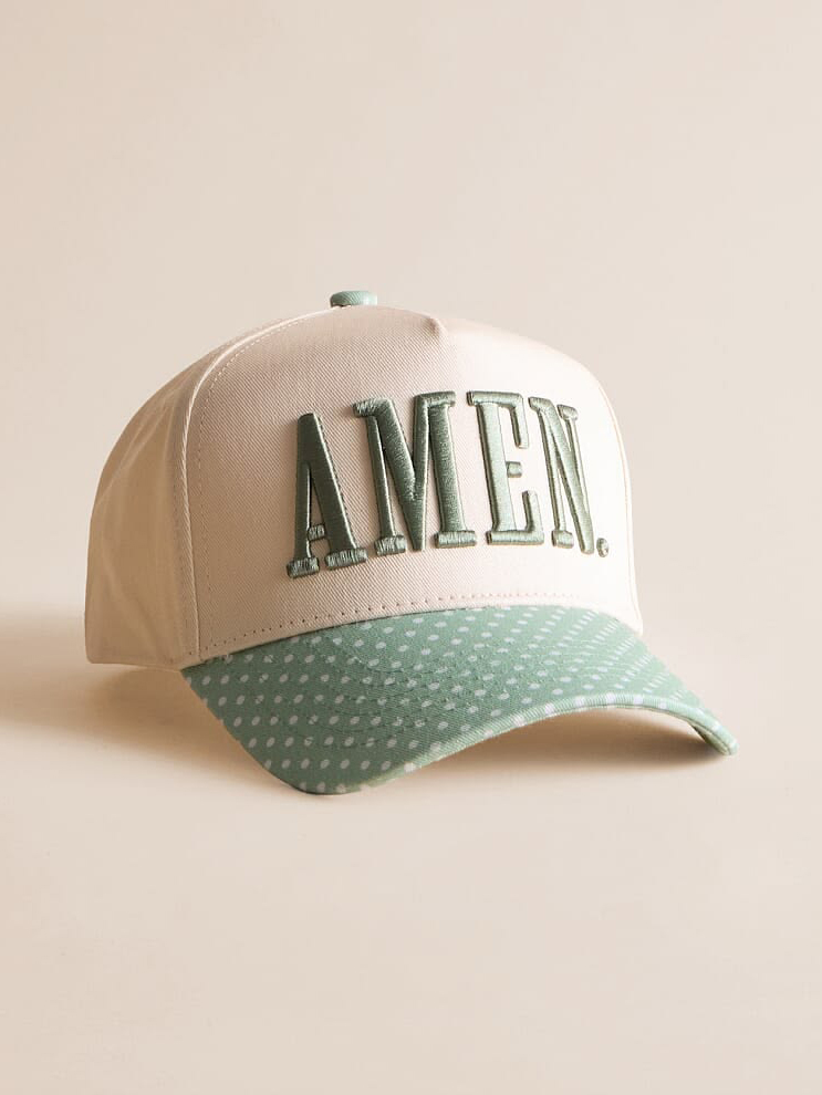 Beige & Green "AMEN" Polka Dot Brim Baseball Cap