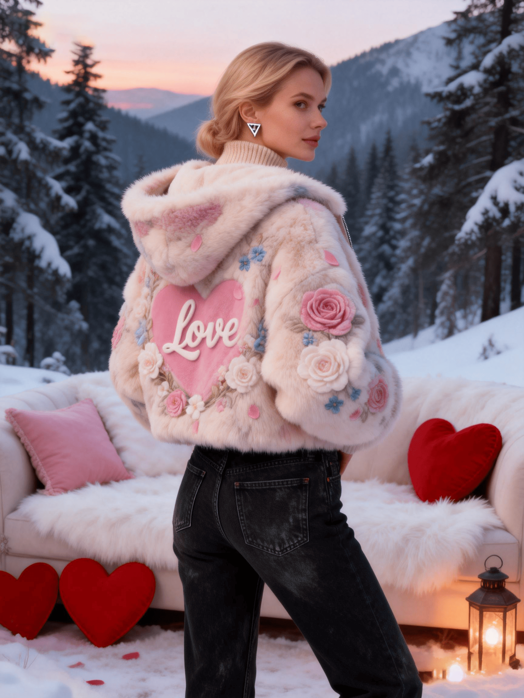 Women's Creamy White Heart & Floral Plush Jacket