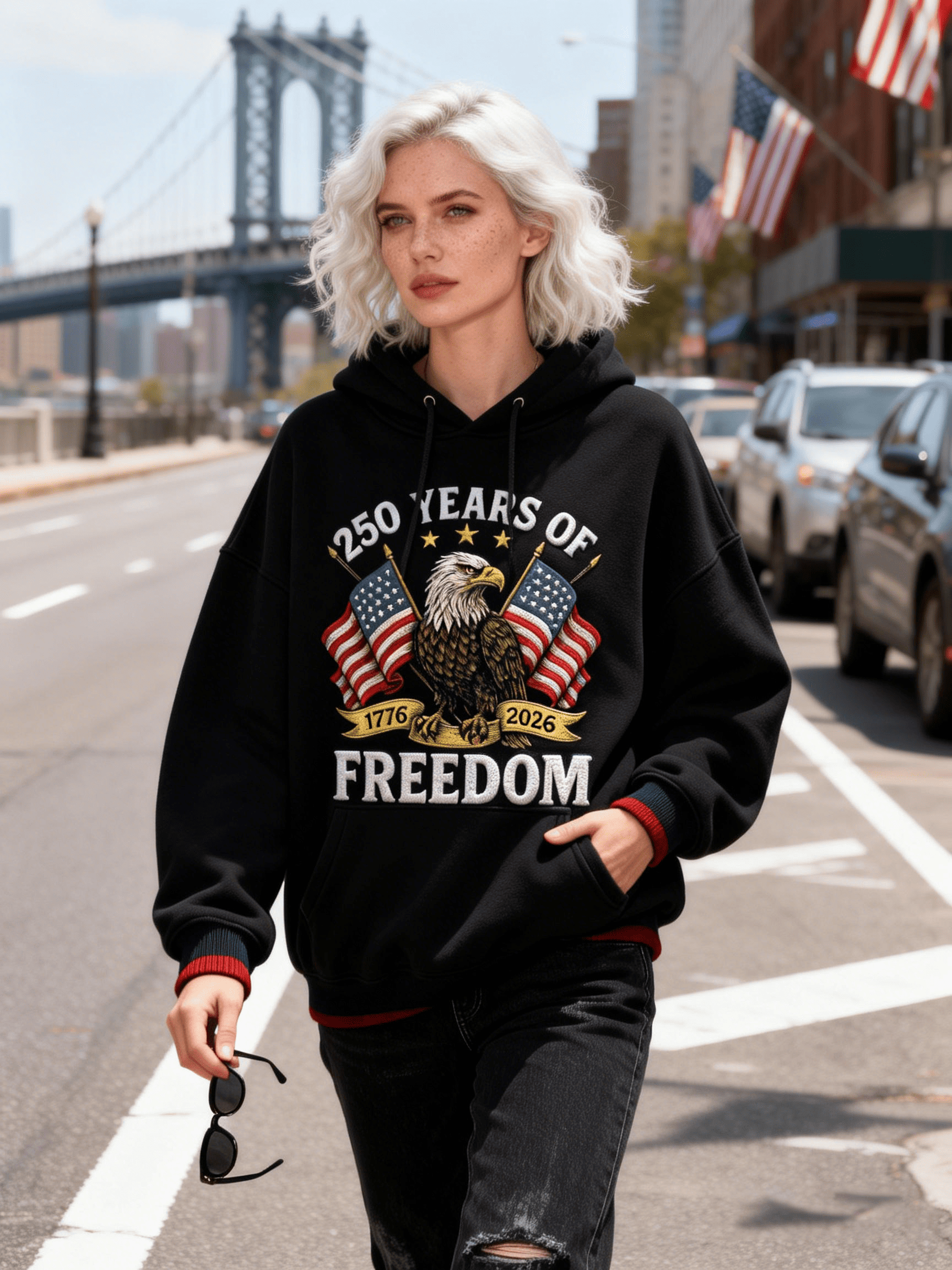 Women's USA 250th Anniversary "250 Years Of Freedom" Double Flag Bald Eagle Black Hoodie
