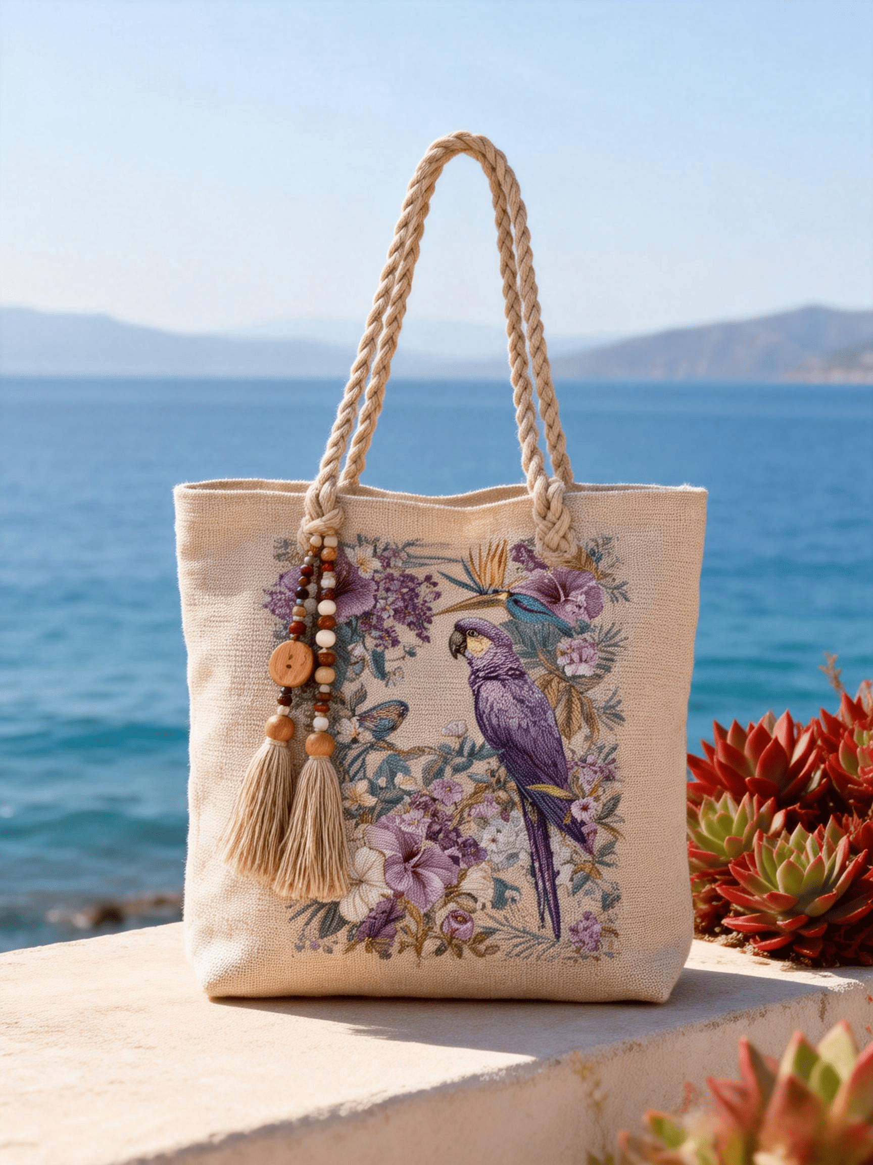Beige Purple Parrot Floral Embroidery Tote Bag