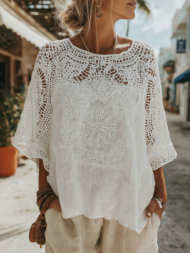 Women's Lace Embroidered Floral Linen Crew Neck T-shirt