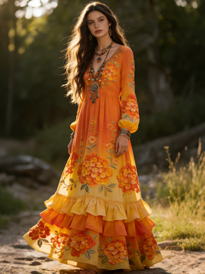 Vintage Boho Print V Neck Long Sleeve Flowy Maxi Dress