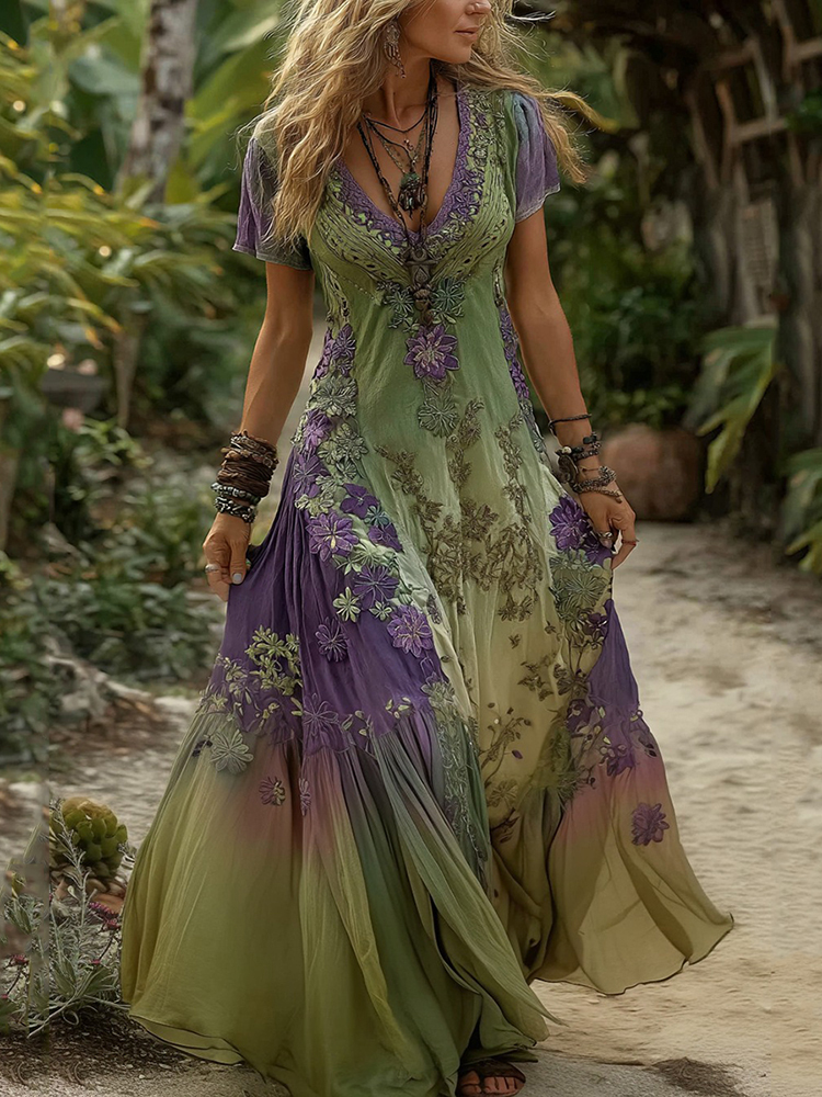 Women's Vintage Floral Embroidery Gradient Pattern V-neck Dress