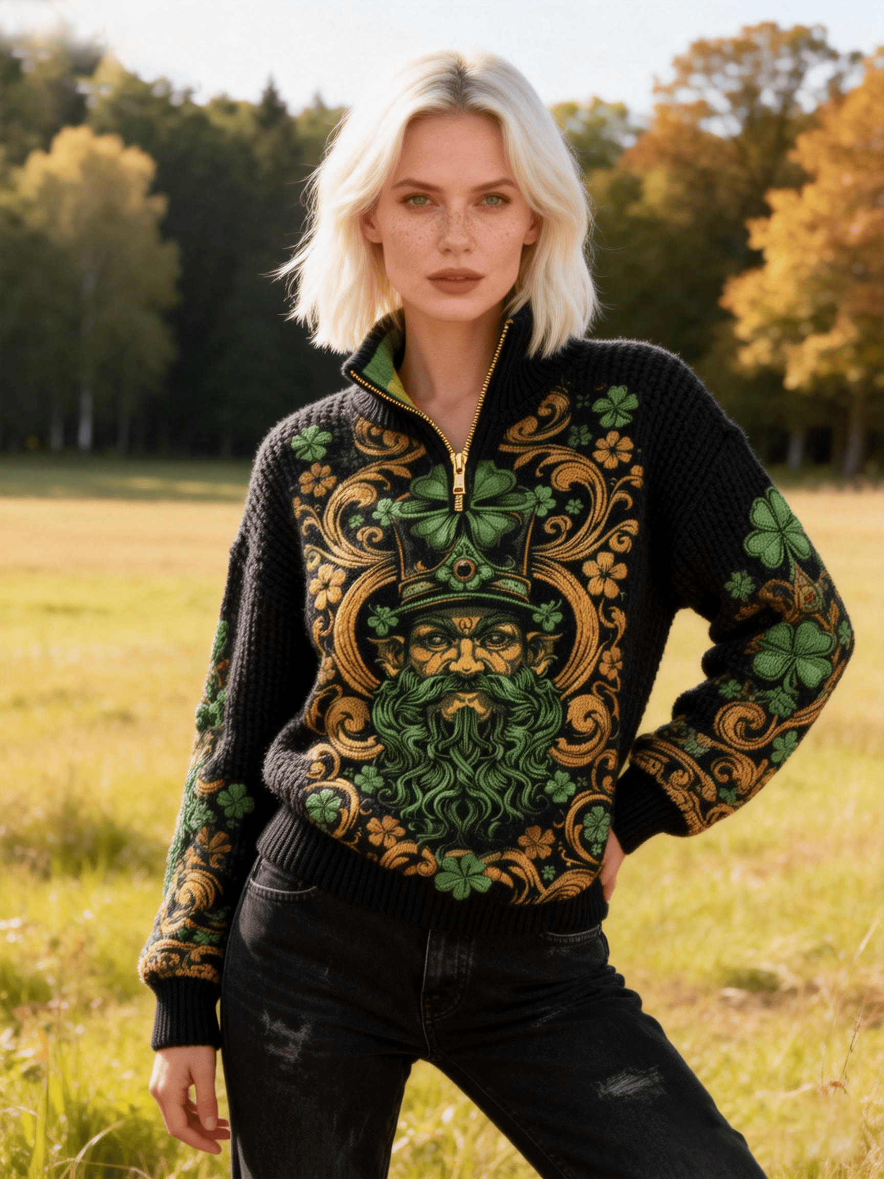 Women's Vintage Celtic Leprechaun & Clover Embroidered Half-Zip Knit Sweater