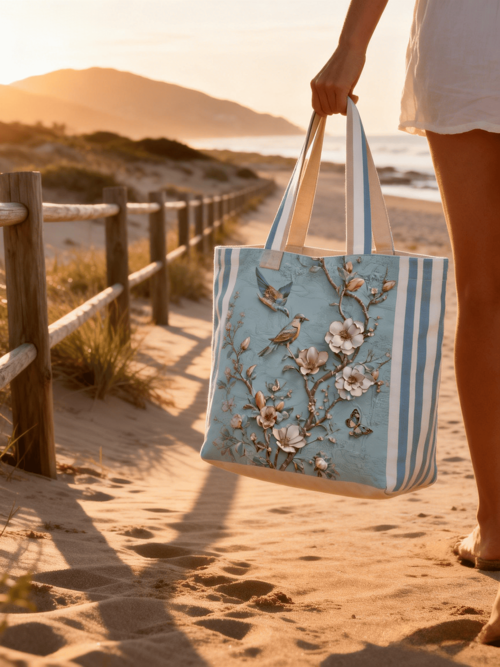 Light Blue Striped Strap Bird & Floral Embroidery Tote Bag