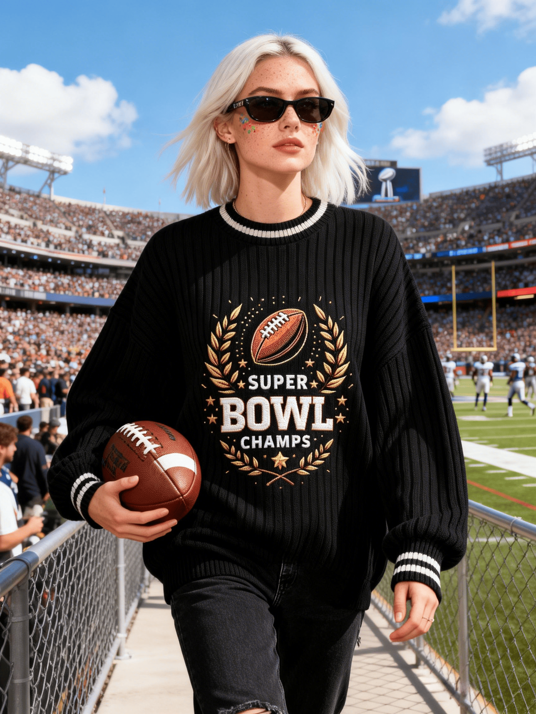 Women's Black Super Bowl Champs Football Crewneck Sweatshirt