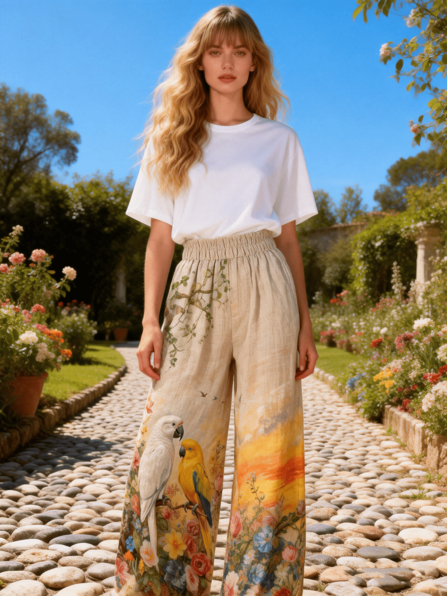 Women's Parrot Print Wide-Leg Pants