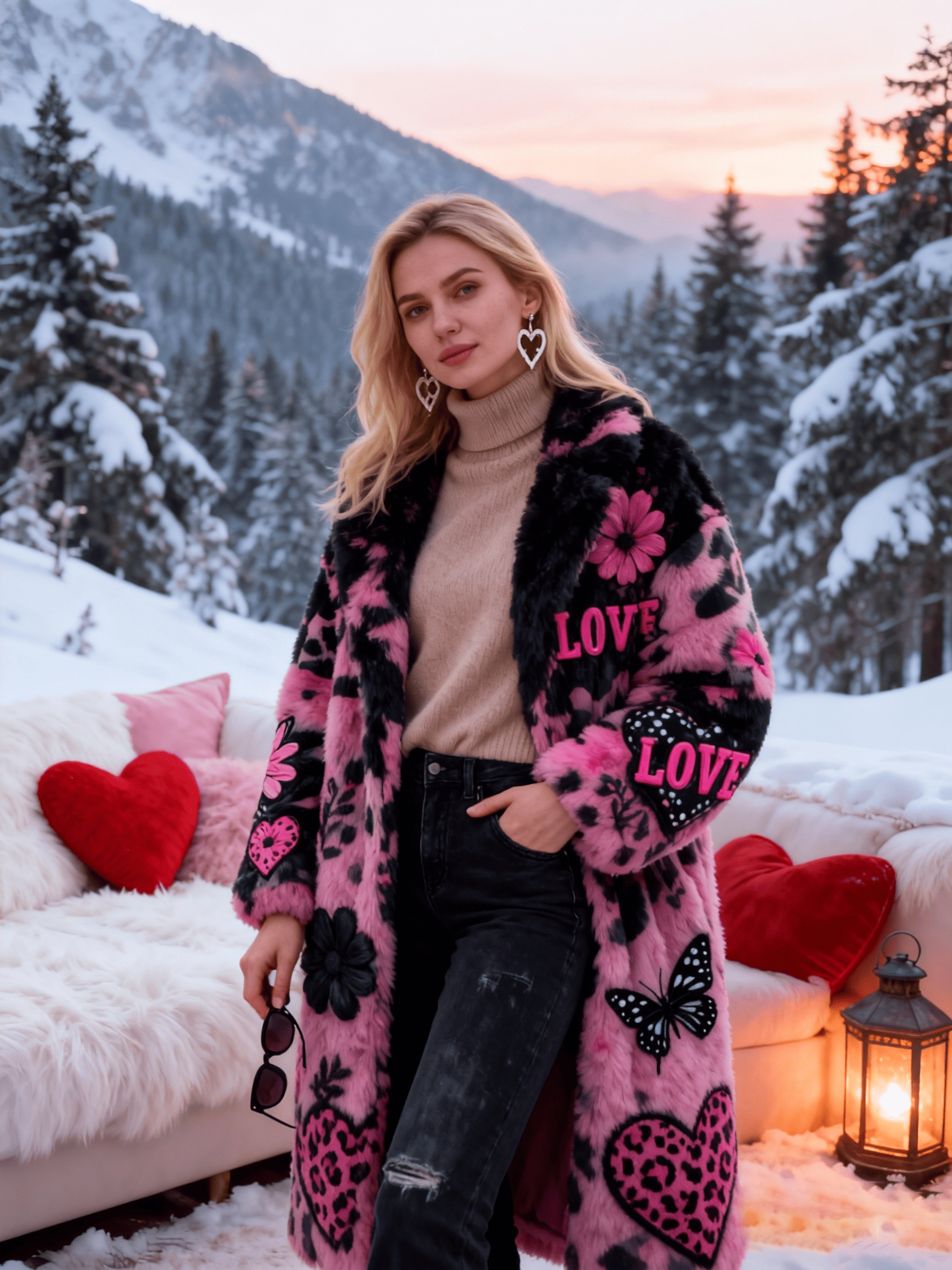 Women's  Pink & Black Leopard Print Heart Fur Coat