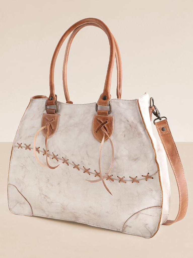 Distressed White & Brown Drawstring Accent Tote Bag