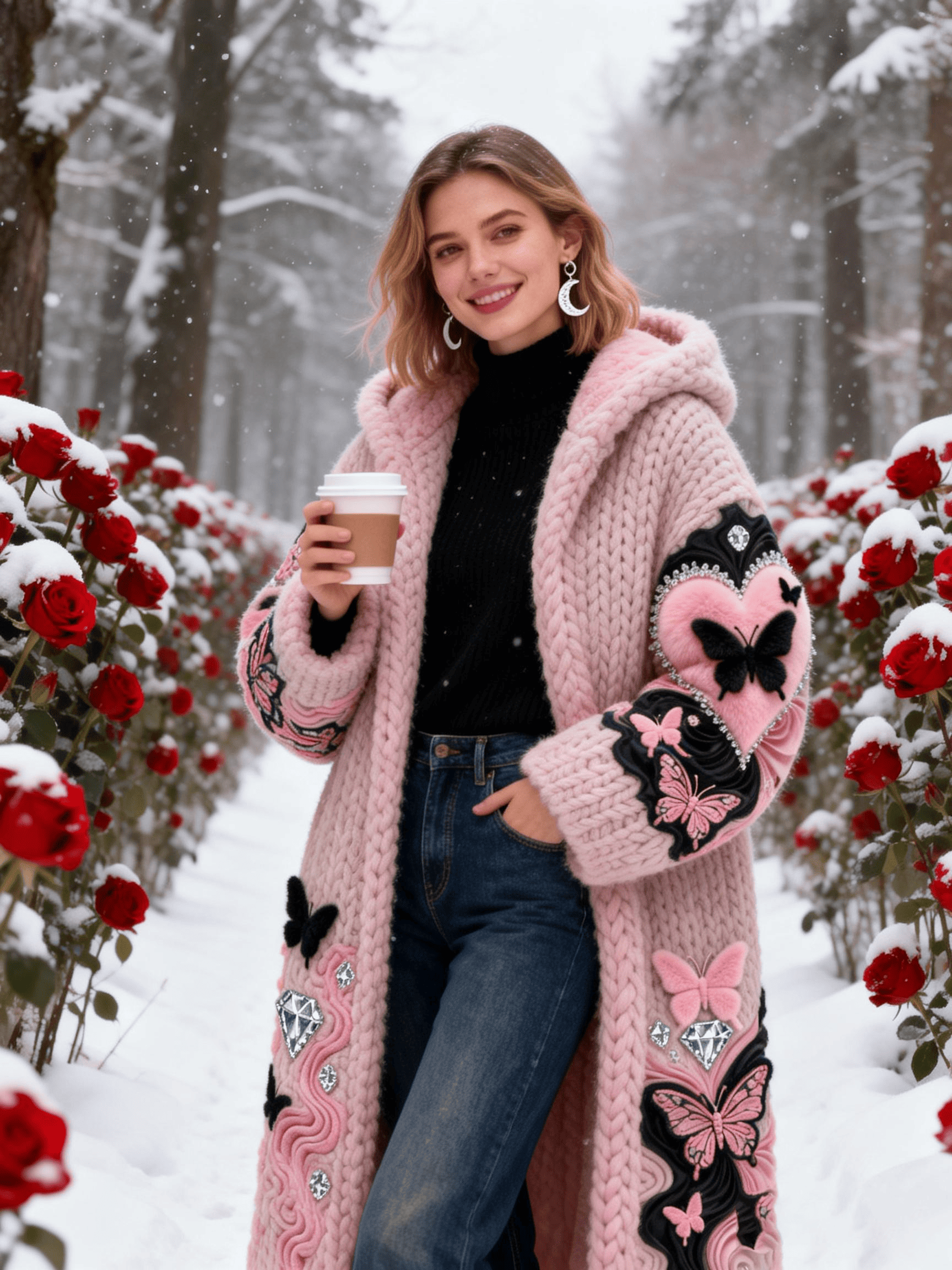 Women's Pink Butterfly & Diamond Decor Knit Coat