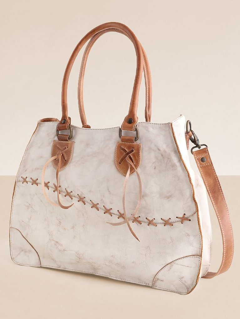 Distressed White & Brown Drawstring Accent Tote Bag