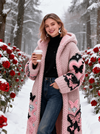 Women's Pink Butterfly & Diamond Decor Knit Coat