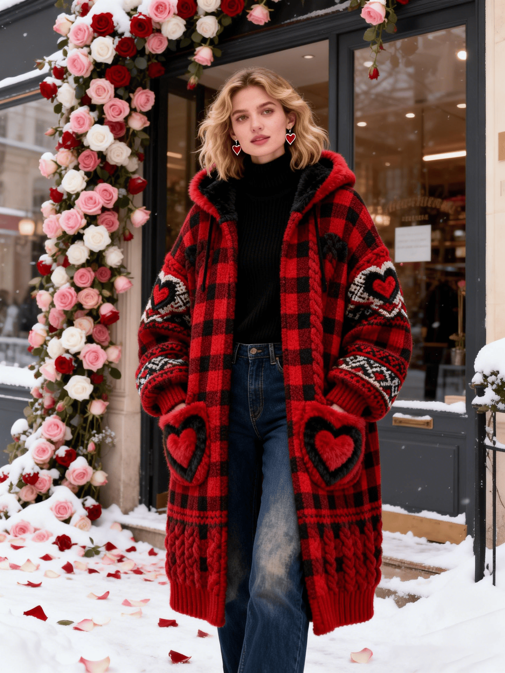 Women's Red & Black Plaid Heart Fur Pocket Knit Coat