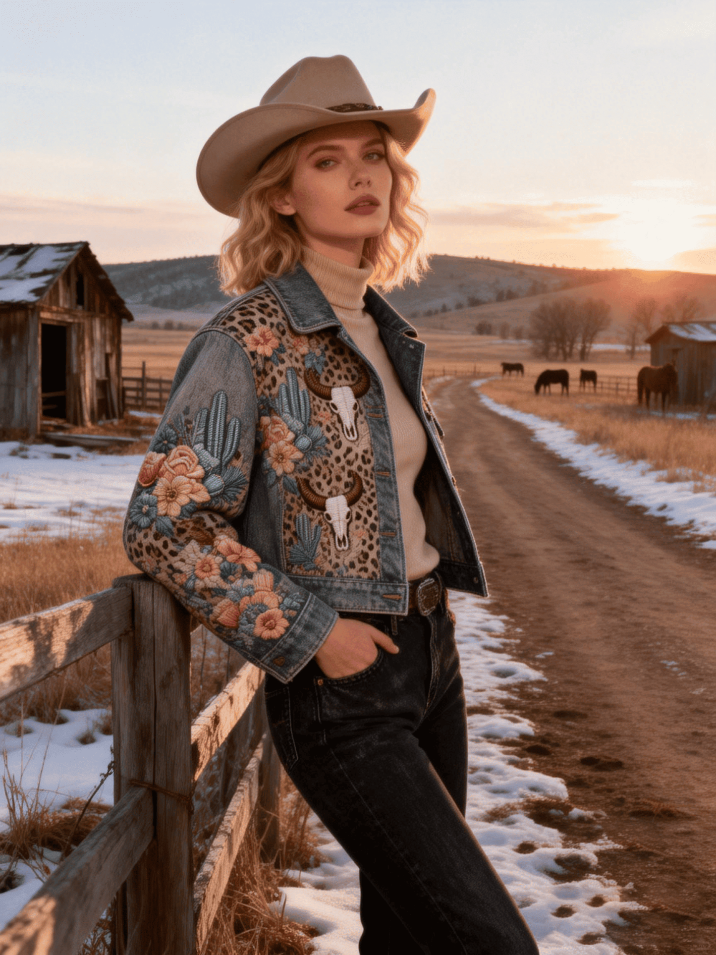 Women's Western Leopard & Bull Skull Embroidery Denim Jacket