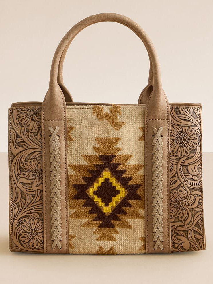 Navajo Geometric Pattern Tooled Leather Tote Bag