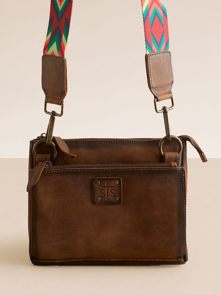 Vintage Brown Leather Colorful Strap Crossbody Bag