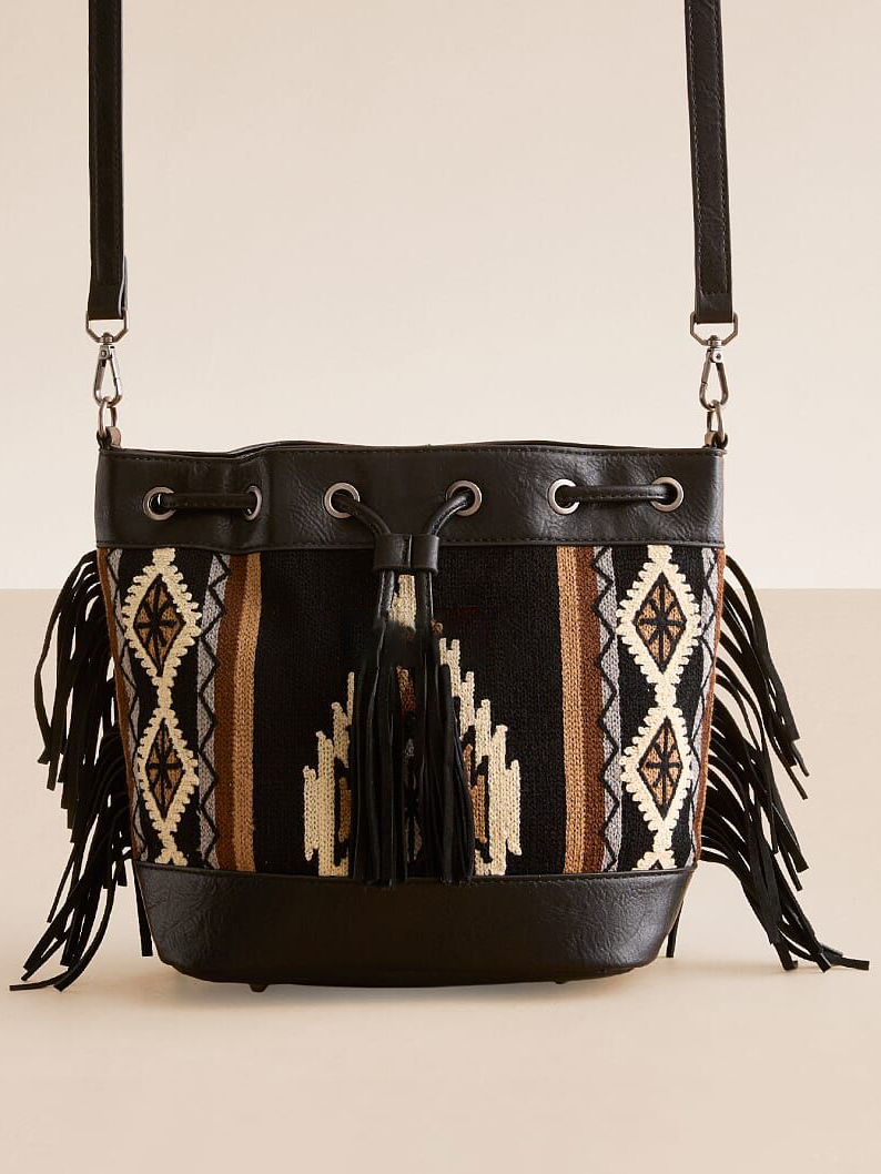 Navajo Geometric Pattern Fringed Drawstring Bucket Bag