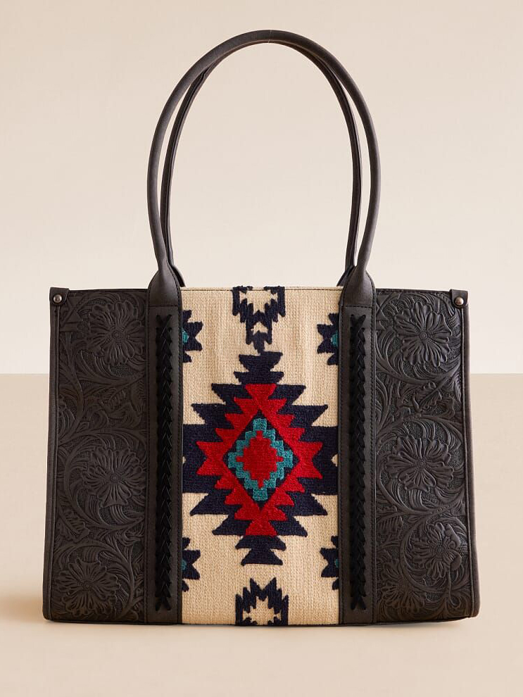 Black Leather Navajo Geometric Pattern Tooled Tote Bag