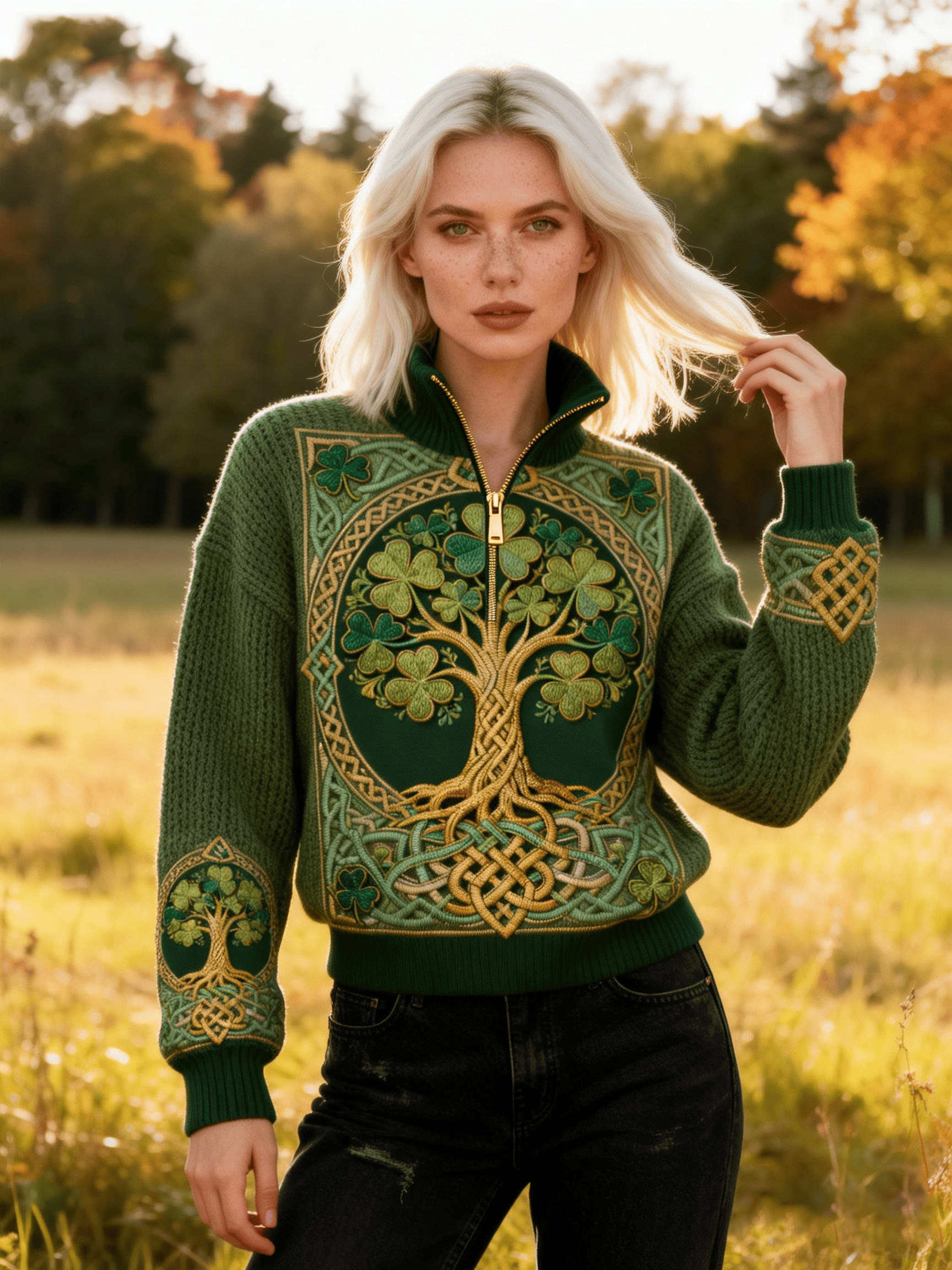 Women's Irish-Style Tree of Life & Clover Totem Half-Zip Knit Sweater