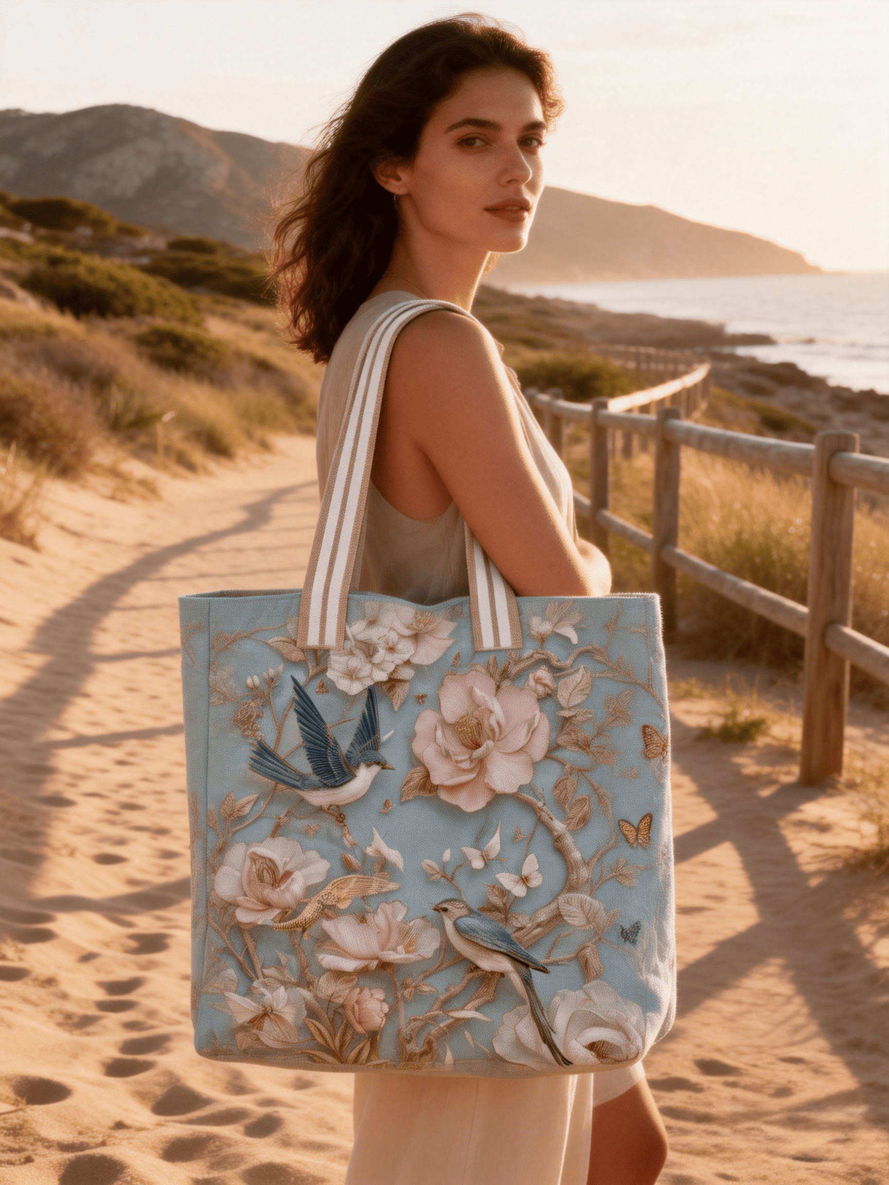 Light Blue 3D Bird & Floral Embroidery Tote Bag