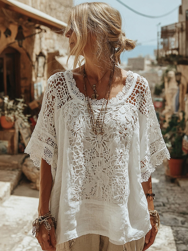 Women's Lace Embroidered Floral Linen Crew Neck T-shirt