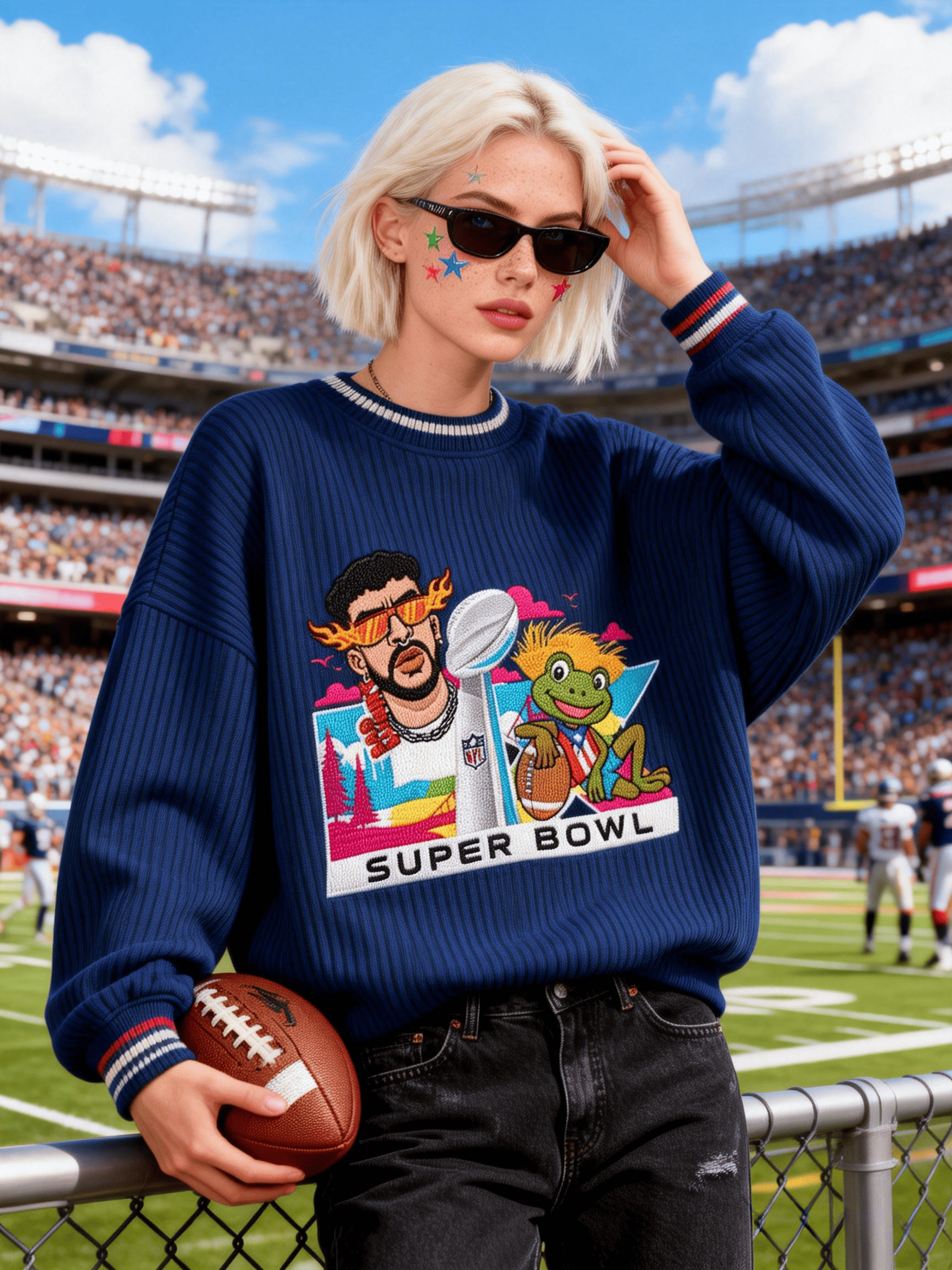 Women's Navy Super Bowl Character Print Crewneck Sweatshirt