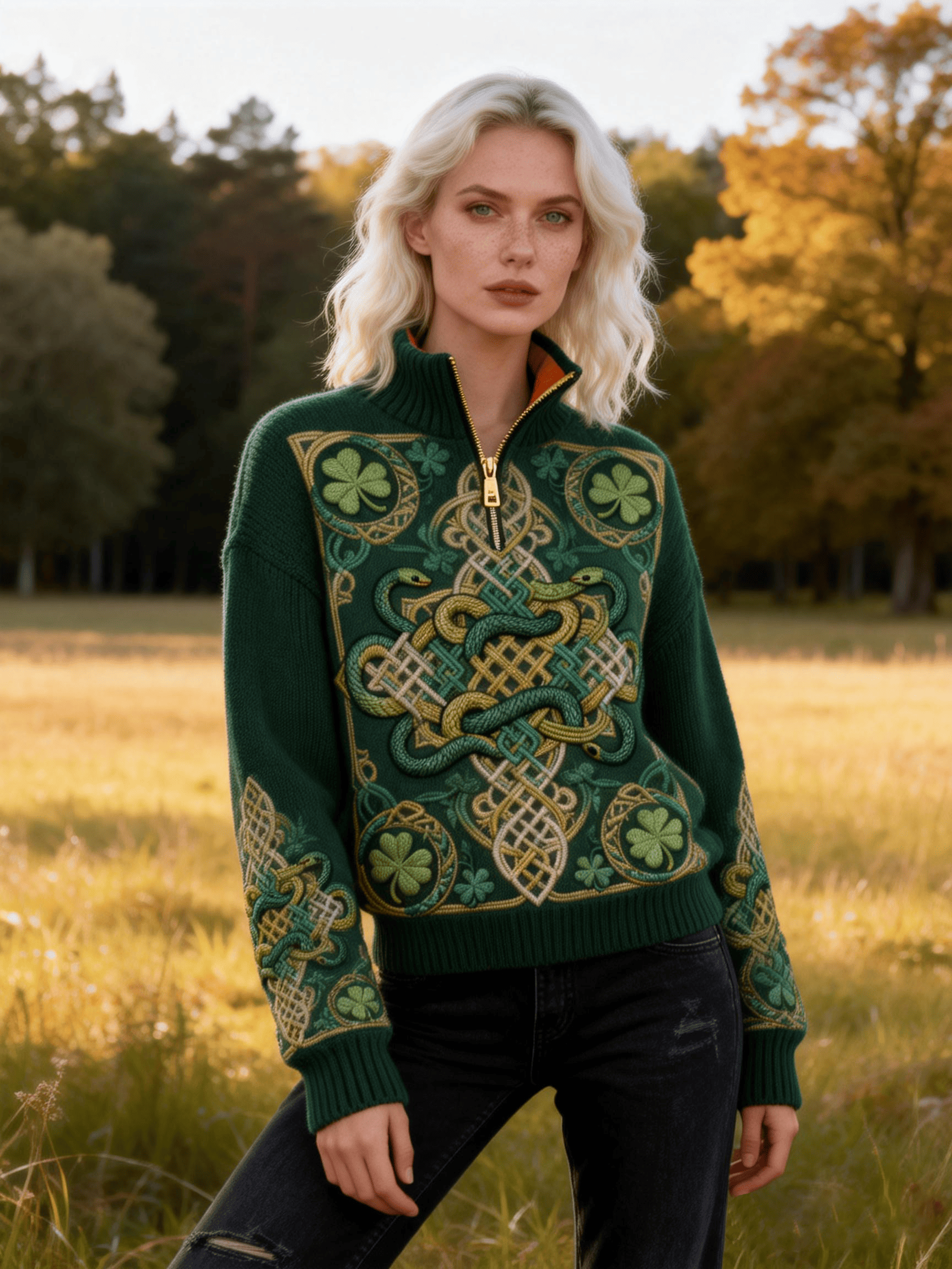 Women's St. Patrick's Day Celtic Serpent Knot & Clover Accent Half-Zip Sweater