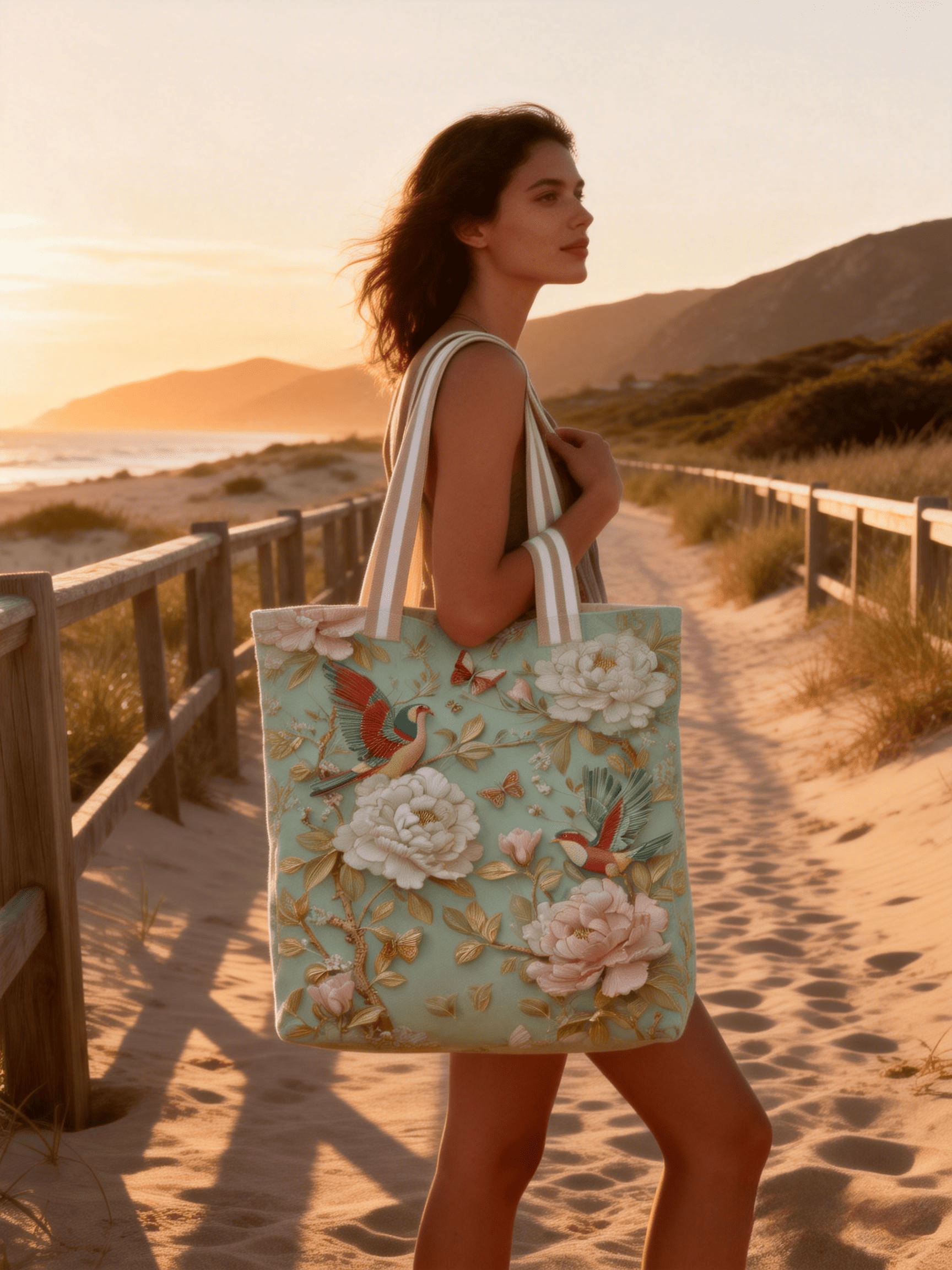 Light Green 3D Peony Bird & Floral Embroidery Tote Bag