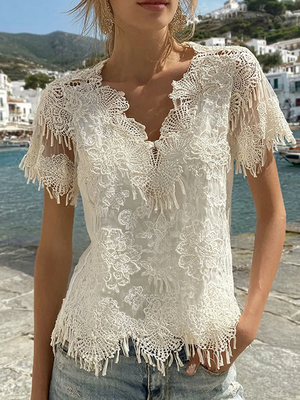 Women's Fashion Floral Lace Patchwork V-neck T-shirt